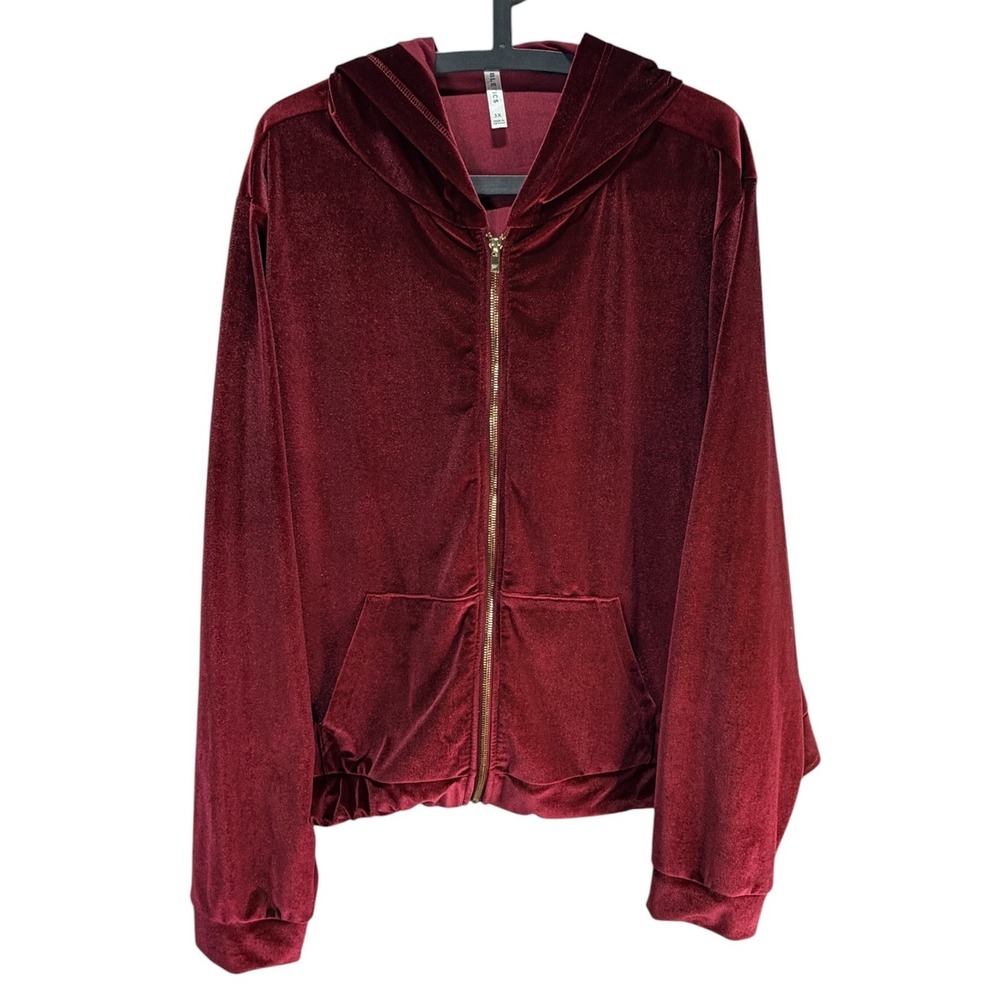 Fabletics Hoodie Women 3X Burgundy Velvet Zip Up Athleisure Y2K Velour Jacket